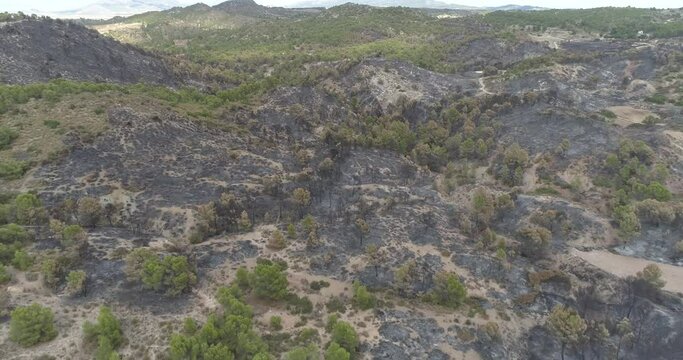 incendio forestal en zona mediterr&aacute;nea. drone 4k