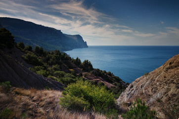 Crimea, mountains covered with pine trees descend to the sea