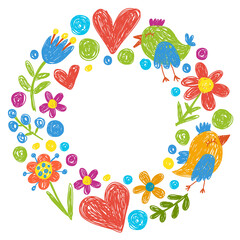 Children kindergarten pattern with flowers and birds. Kids floral vector llustration.