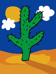Cute Vector Ilustration with Big Green Cactus Isolated on a Blue Background. Sweet Nursery Art with Funny Hand Drawn Cacti, White Clouds, Blue Sky and Yellow Sun.