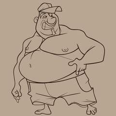 sketch of cartoon smiling fat man in shorts and with a naked torso