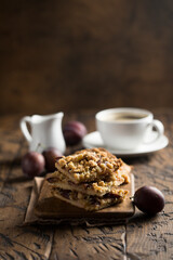 Traditional homemade plum pie with streusel
