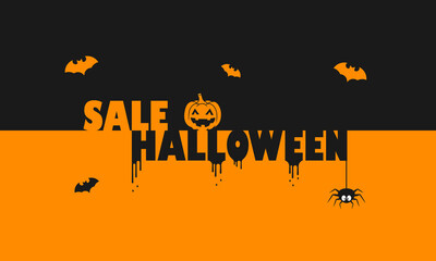 Sale Halloween banner. Decoration. Bussiness concept. Pumpkin, bat and spider decor. Vector on isolated background. EPS 10