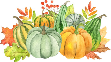 Watercolor fall pumpkins set with colorful leaves, berry, branches inspired by autumn harvest season. Happy Thanksgiving Pumpkin clipart. Bright vegetables perfect for card and invitation making