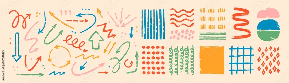 Poster various sketchy doodle arrows, direction pointers shapes and objects. freehand colorful lines, curve
