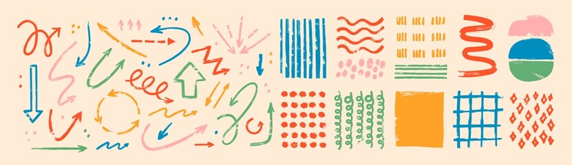 Various sketchy Doodle Arrows, Direction pointers Shapes and Objects. Freehand colorful Lines, curves, dots, spiral. Brush stroke style. Grunge texture. Hand drawn abstract Vector set