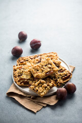 Traditional homemade plum pie with streusel