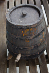 Fototapeta premium Wooden wine barrel used in a winery
