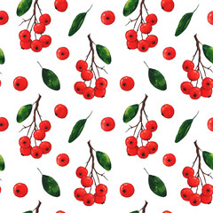 seamless pattern with red rowanberries isolated on white