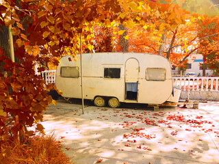 caravan trailer old  autumn trees