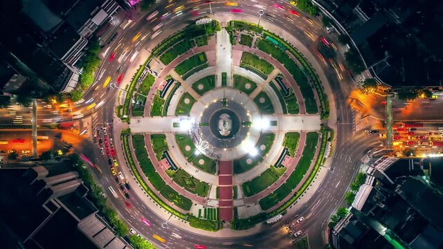 Aerial view of traffic circle at night, Bangkok	
