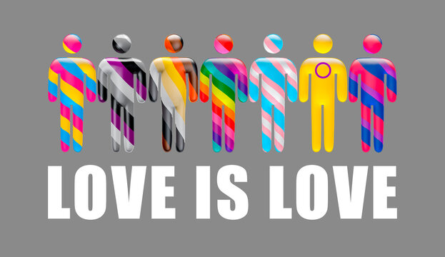 3d design of Love is Love with men icons in LGBTIQ+ community flag colors