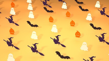Halloween minimal pattern made with paper ghost, pumpkin, witch and bat. Autumn holiday concept background. Holiday party decoration. 3d rendering