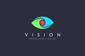 Abstract Eye Vision Logo. Colorful Geometric Shape Infinity with Circle Eyeball inside isolated on Blue Background. Usable for Business and Technology Logos. Flat Vector Logo Design Template Element.