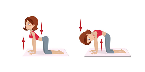 Girl does exercises on the floor against osteochondrosis. Spine training. Isolated on white background.