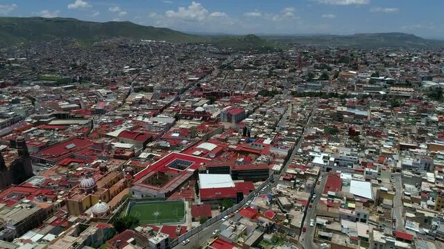 Magic town of Zacatecas Mexico, the historical downtown and the cable car, the mountain is "La Bufa" Historic place of old wars and mexican revolution.