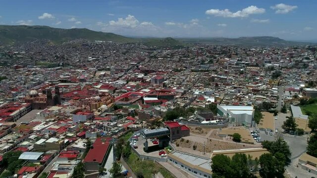 Magic town of Zacatecas Mexico, the historical downtown and the cable car, the mountain is "La Bufa" Historic place of old wars and mexican revolution.