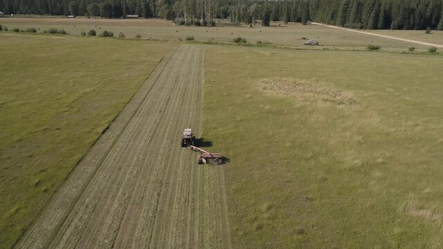 Aerial View of Small Farm Tractor Cutting Hay Field