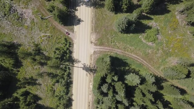 Aerial View Dirt Road with Trees on Both Sides Trucks with Hay