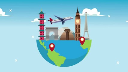 world tourism day lettering with airplane flying in earth planet and monuments - Powered by Adobe