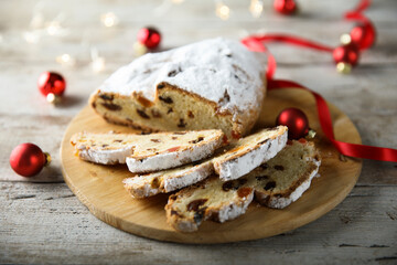Traditional festive German stollen with dried fruits