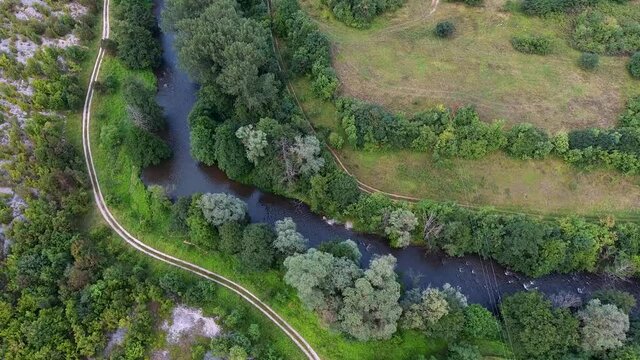 Aerial footage of the Struma River in the Zemen Gorge in Bulgaria.