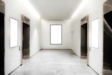 Room in front of the elevator, Open and closed chrome metal office building elevator doors realistic photo. 