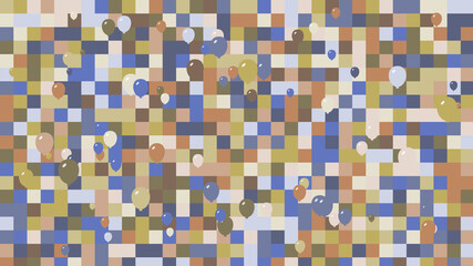 Balloons in front of geometric squares with brown and blue colors. Checkered background with large squares and shapes.