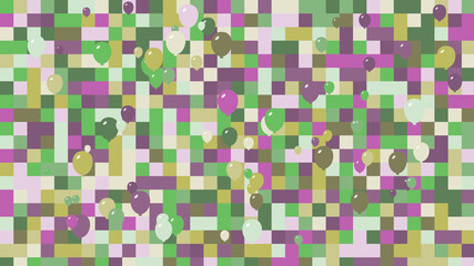 Balloons in front of geometric squares with purple and green colors. Checkered background with large squares and shapes.