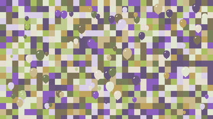 Balloons in front of geometric squares with purple and light green colors. Checkered background with large squares and shapes.