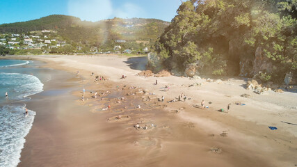 Hot Water Beachi n the east coast of the Coromandel Peninsula, New Zealand. Drone aerial view
