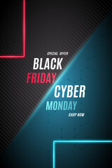 Sale flyer for Black Friday and Cyber Monday. Abstract black and blue design for promo posters, banners and flyers. Vector template.