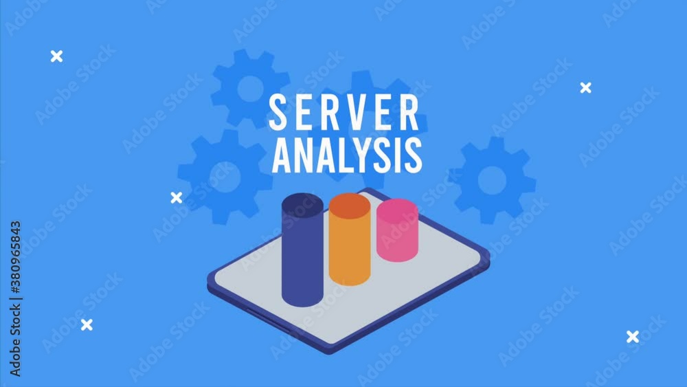 Poster data server analysis animation with tablet and statistics bars