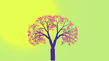 Tree in front of a big round sun. Background with purple, green and yellow tones.