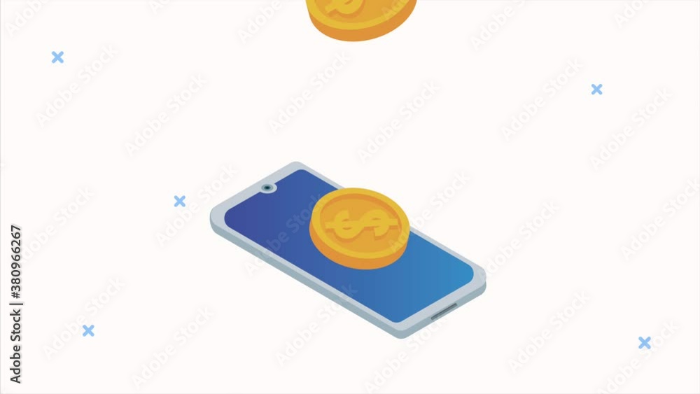 Poster data server analysis animation with smartphone and coins dollars