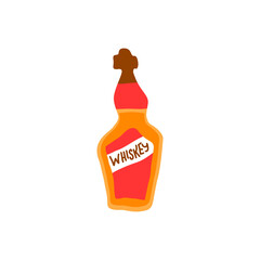 Whiskey bottle on white background. Cartoon sketch graphic design. Doodle style. Hand drawn image. Party drinks concept. Freehand drawing style