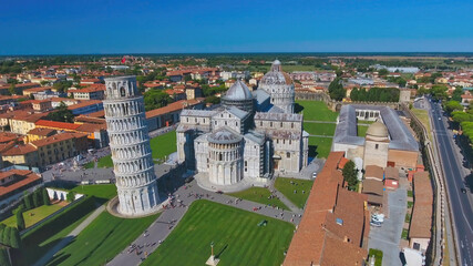 Aerial view of Field of Miracles in Pisa, Tuscany. Drone viewpoint of famous Piazza dei Miracoli