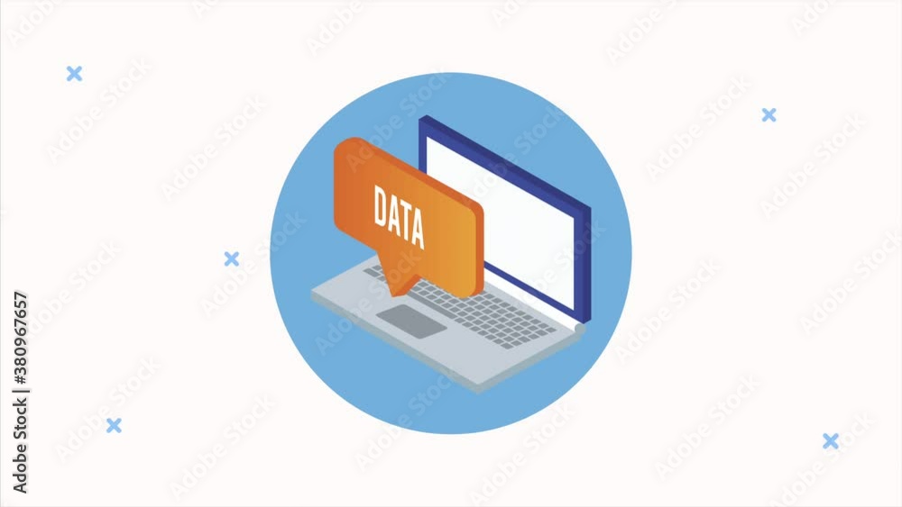 Sticker data server analysis animation with computer laptop