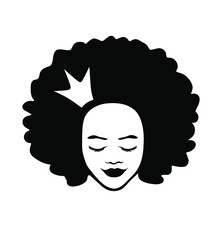  Black African American girl woman beautiful lady hand drawn head face vector silhouette drawing illustration with curly hair and crown isolated on white background.Princess.Queen.