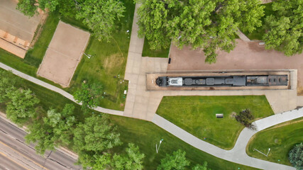 Big Boy Steam Engine 4004 aerial view in Cheyenne, Wyoming