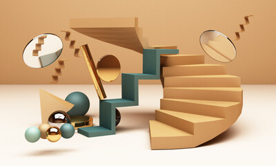 3d render pastel background with geometric shapes. Gold and pastel color black glass Simply trendy design for promotion or product show. Minimal banner mockup.