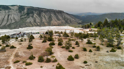 Mammoth Hot Springs, Yellowstone National Park. Aerial view from drone viewpoint