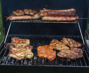 Fleisch und Bratwurst auf dem Holzkohlengrill, Thüringen