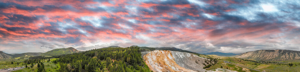 Fototapeta premium Mammoth Hot Springs, Yellowstone National Park. Aerial view from drone viewpoint