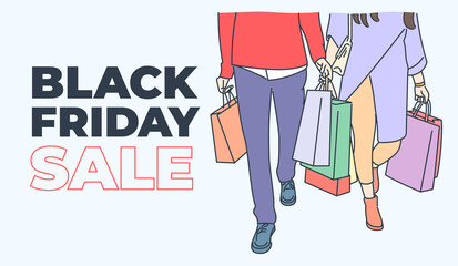 Black Friday banner concept. Young couple carrying a shopping bag. Good shopping on black friday. Hand drawn thin line style, vector illustrations.