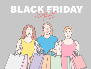 Black Friday banner concept. Joyful woman happy with purchases and discounts on Black Friday