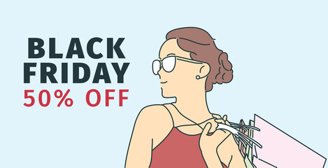 Black Friday banner concept. Cheerful young girl happy with shopping on Black Friday