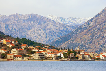 Fototapeta premium Beautiful winter Mediterranean landscape. Montenegro, Adriatic Sea. View of Kotor Bay and Prcanj town
