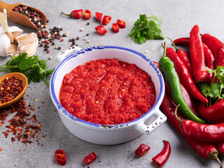 homemade red hot sauce pepper ingredients, spices, close up