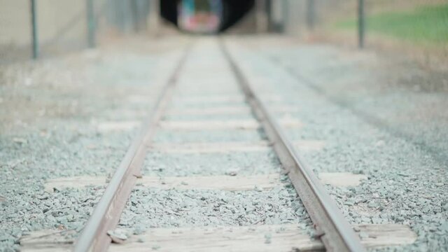 Mini railroad tracks leading into a dark tunnel